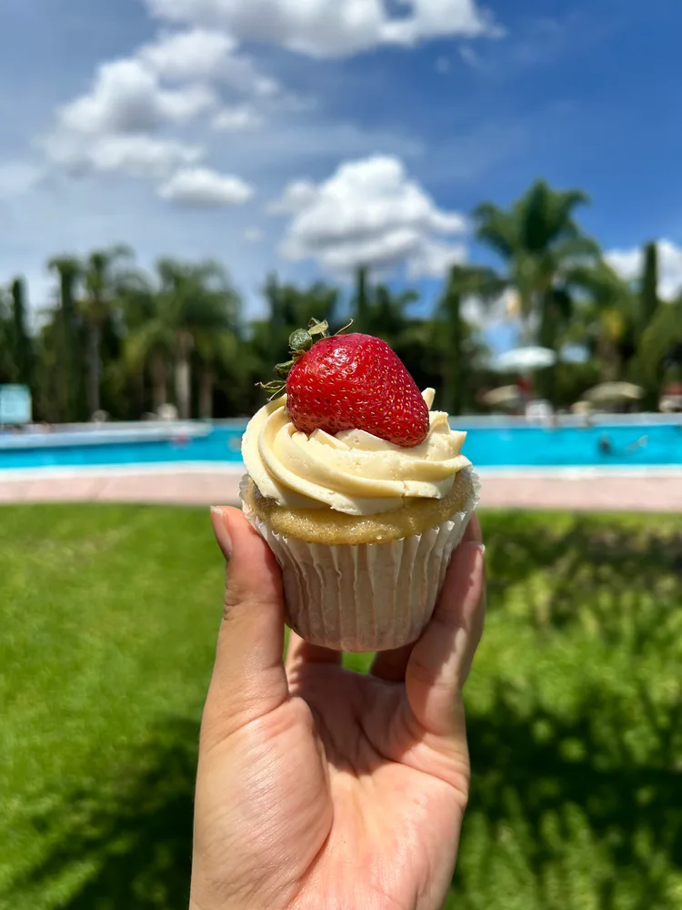 Cupcake de fresa con crema al aire libre
